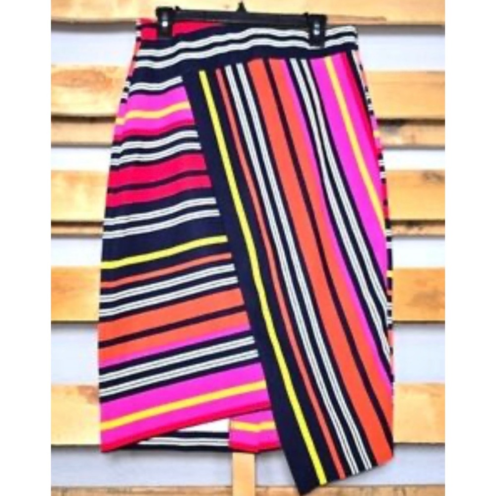 ECI Striped Asymmetrical Pencil Skirt Women's Large Colorful Wrap Silhouette L